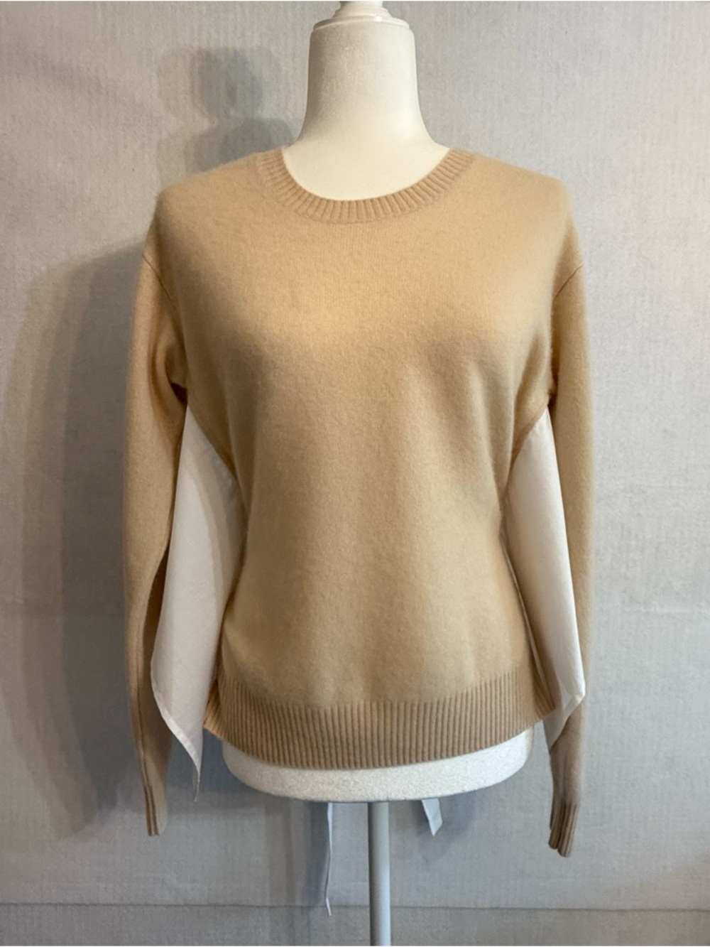 NAADAM Cashmere Mixed Media Tie Back Sweater Tan XS 100% Cashmere Cotton Poplin